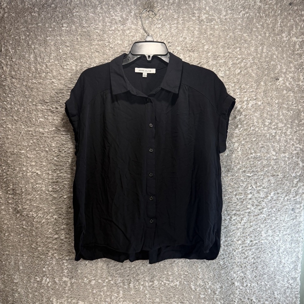 Rose & Olive Button Up Blouse Black L Rayon Coastal Preppy Casual Cuffed Sleeve